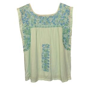 J Marie Floral Embroidered Top Womens Size Small Green Sleeveless Lined Bohemian